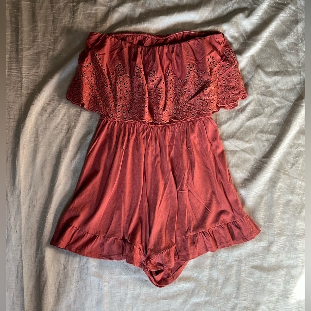 American Eagle Outfitters Coral Off-Shoulder Romper